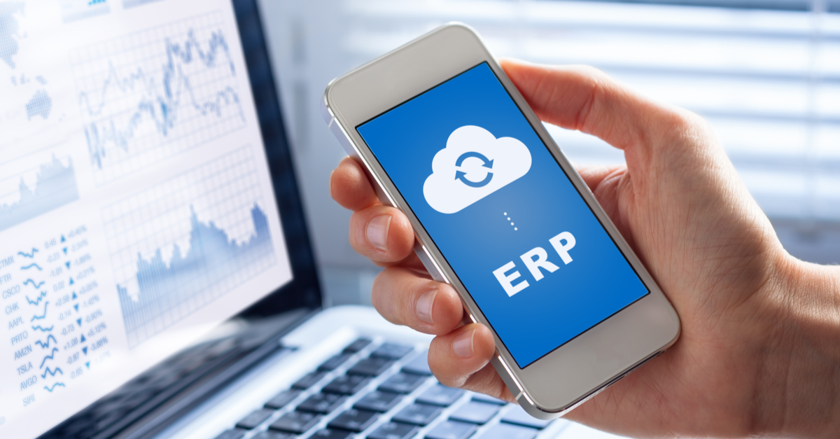 ERP (Enterprise Resource Planning) app on smartphone screen connecting data with cloud computing, access to HR management, production control, accounting