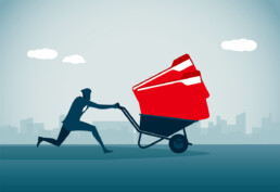 Image depicts a blue runner pushing a wheel barrow filled with red files.