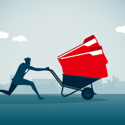 Image depicts a blue runner pushing a wheel barrow filled with red files.